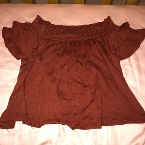Burnt orange off the shoulder shirt- with ruffles